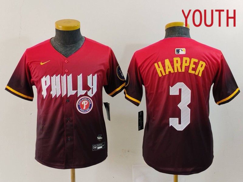 Youth Philadelphia Phillies #3 Harper Red City Edition 2024 Nike MLB Jersey style 5->youth mlb jersey->Youth Jersey